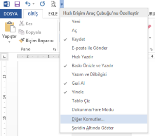 hızlı erişim araç çubuğu